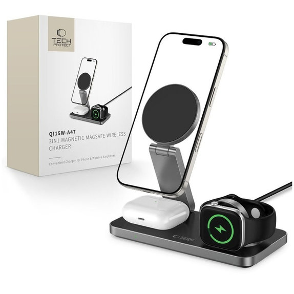 Wireless charger QI15W-A47 3IN1 Magnetic MagSafe, black, Tech-Protect