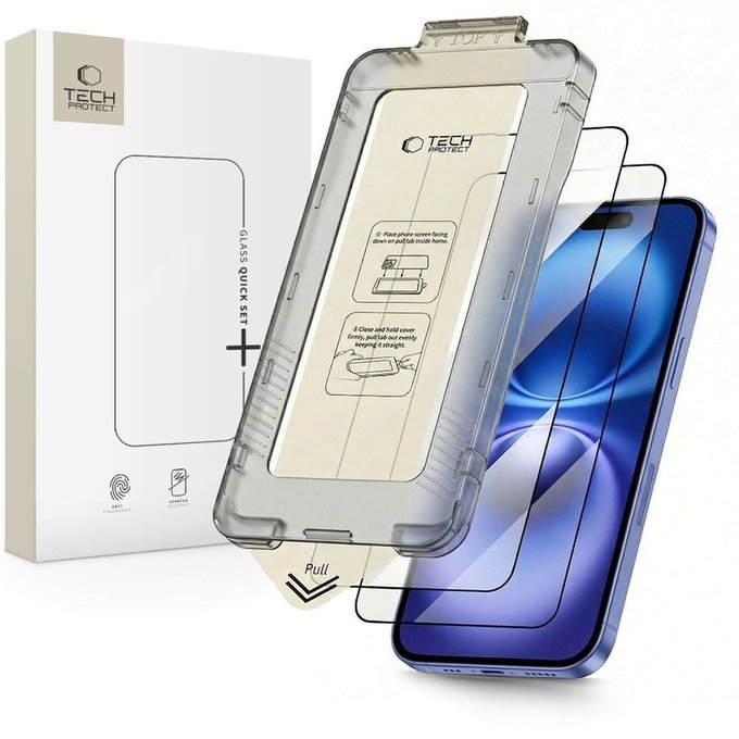 Tempered glass Quick Set+ 2-PACK for iPhone 15 / 16, black, Tech-Protect