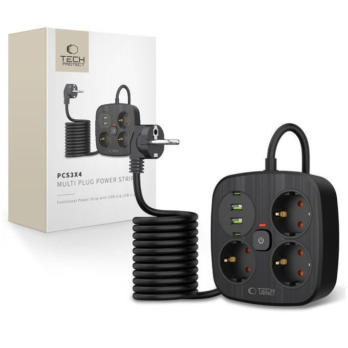 Wall charger PCS3X4 Power Strip 2 USB & 2 USB-C & 3 Socket 200cm, black, Tech-Protect