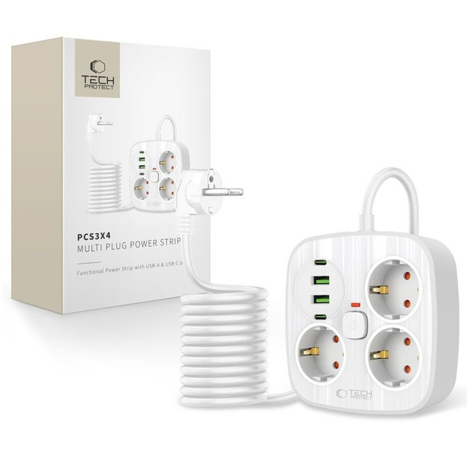 Wall charger PCS3X4 Power Strip 2 USB & 2 USB-C & 3 Socket 200cm, white, Tech-Protect
