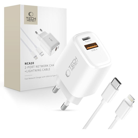 Wall charger NCA20 2-PORT PD 20W / QC3.0 + Lightning Cable, white, Tech-Protect