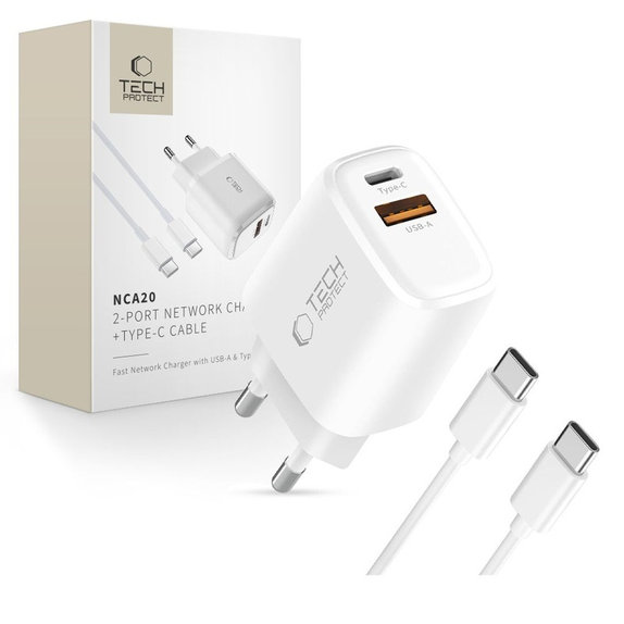 Wall charger NCA20 2-PORT PD 20W / QC3.0 + USB-C Cable, white, Tech-Protect