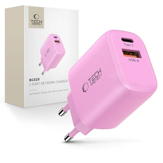 Wall charger NCA20 2-PORT PD 20W / QC3.0, Baby Pink, Tech-Protect