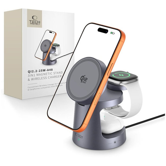 Wireless charger A48 3IN1 Magnetic MagSafe 25W Qi2.2, Dark Grey, Tech-Protect