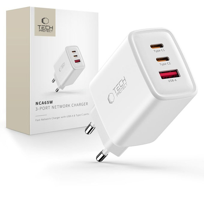 Wall charger NCA65W-GAN 3-PORT PD 65W / QC3.0, white, Tech-Protect