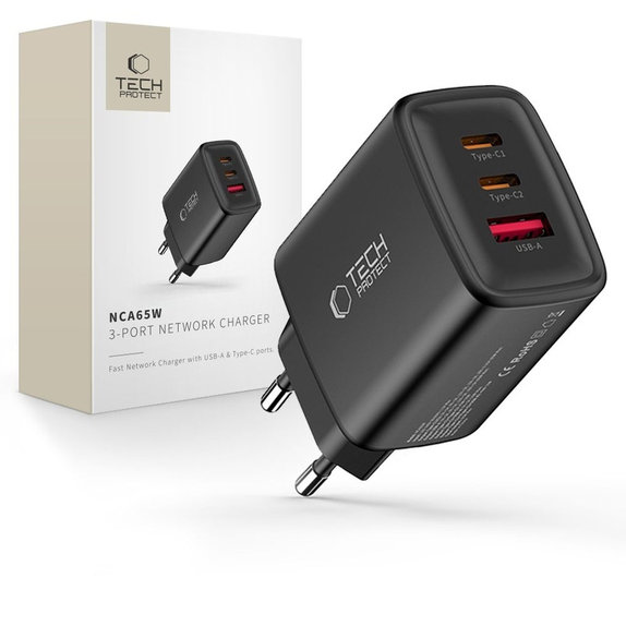 Wall charger NCA65W-GAN 3-PORT PD 65W / QC3.0, black, Tech-Protect