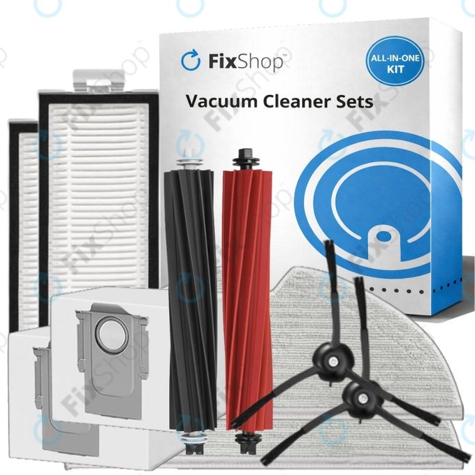 Replacement set for Xiaomi Roborock Q5 Pro, Q8 Max+ (1x Main brush, 2x Filter, 2x Side brush - Black, 2x Mop cloth, 2x Dust bag)