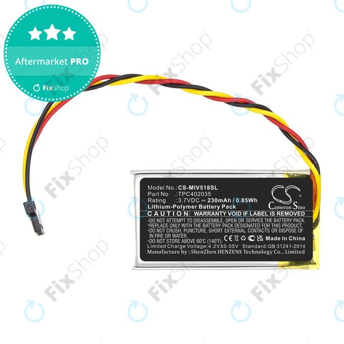 Battery for Mio MiVue 508, 518, 528, 538, 608, 618, 792, 230mAh, Li-Pol, 3.7V, TPC402035, HQ