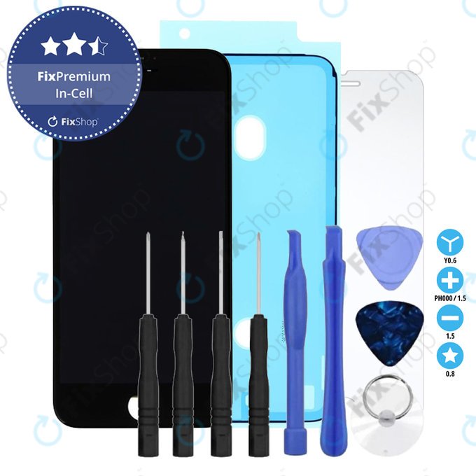 Display In-Cell for iPhone 8, SE (2020), SE (2022), Black, Touch Screen with Frame, Adhesive, Tempered Glass, Toolkit, FixPremium