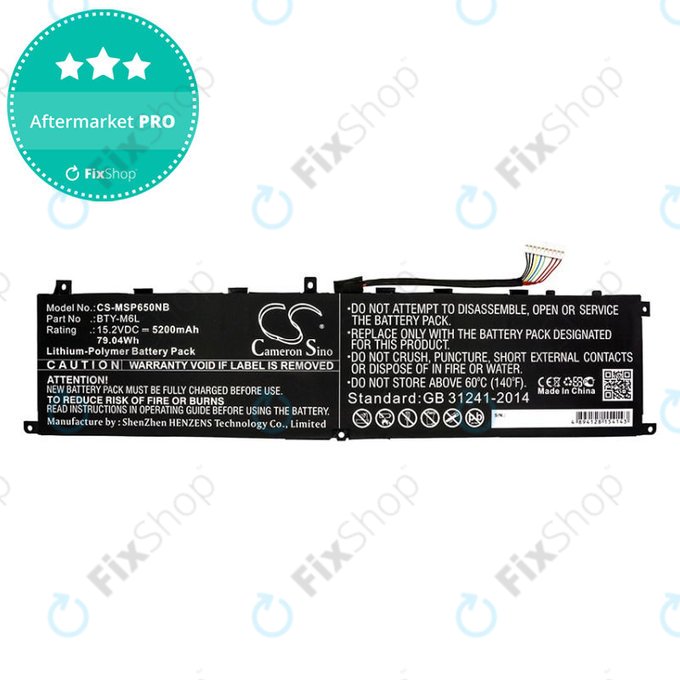Battery for MSI GS65 Stealth Thin, PS63, P65 Creator 8RF, 5200mAh, Li-Pol, 15.2V, BTY-M6L, HQ