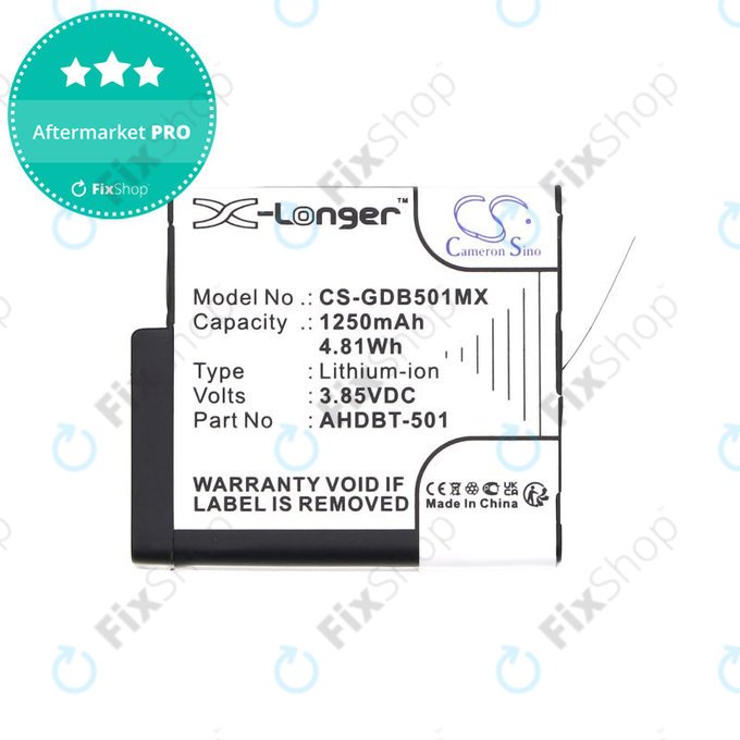 Battery for Gopro Hero 8, Hero 6, 1250mAh, Li-Ion, 3.85V, AHDBT-501, HQ
