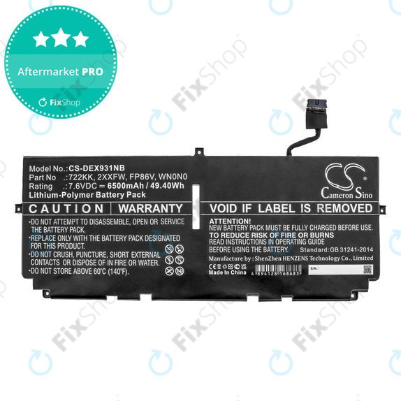 Battery for Dell XPS 13 9300, 9380, 9310, 6500mAh, Li-Pol, 7.6V, 2XXFW, HQ