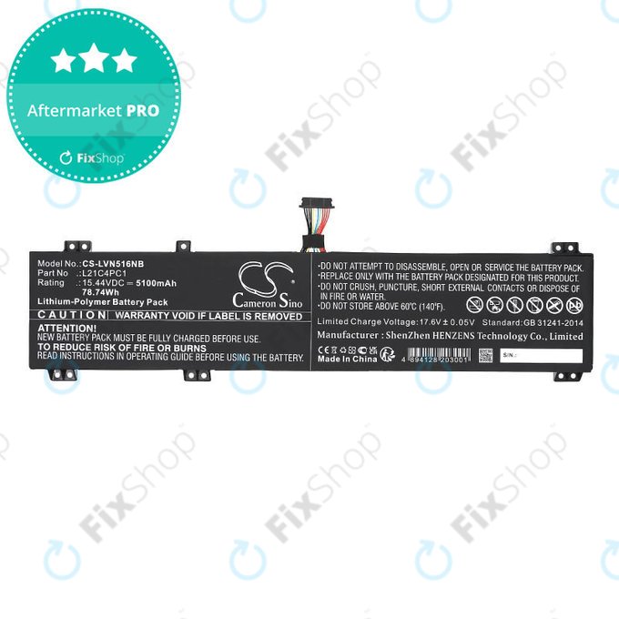 Battery for Lenovo Legion 5 15ARH7H, 82RD0002SB, 5100mAh, Li-Pol, 15.44V, L21C4PC1, HQ