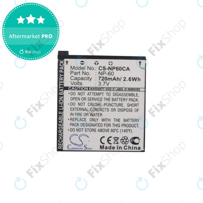 Battery for Casio Exilim Zoom EX-Z19, EX-Z85, EX-Z9, 720mAh, Li-Ion, 3.7V, NP-60, HQ
