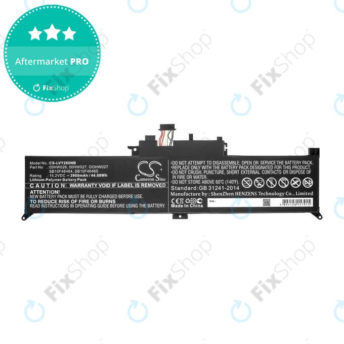 Battery for Lenovo ThinkPad Yoga 260, 2900mAh, Li-Ion, 15.2V, 00HW026, HQ
