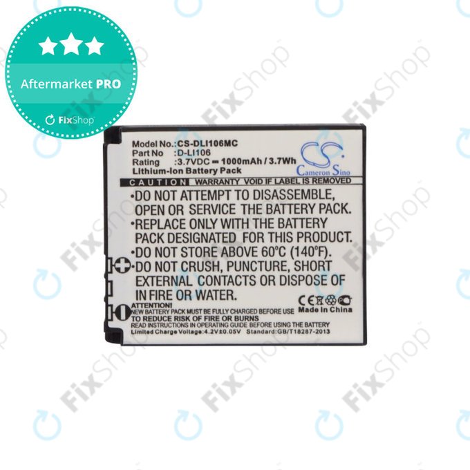 Battery for Kodak PIXPRO SP1, Kodak PIXPRO SP1 HD, 1000mAh, Li-Ion, 3.7V, D-LI106, HQ