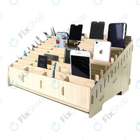 Universal wooden stand / organizer for phones with 48 compartments