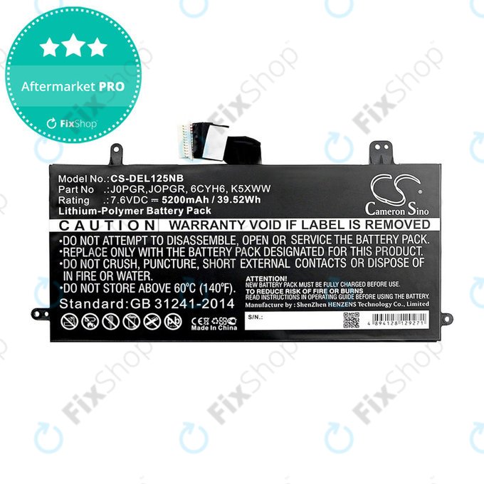 Battery for Dell Latitude 5290, Latitude 12 5285, 5200mAh, Li-Pol, 7.6V, J0PGR, HQ
