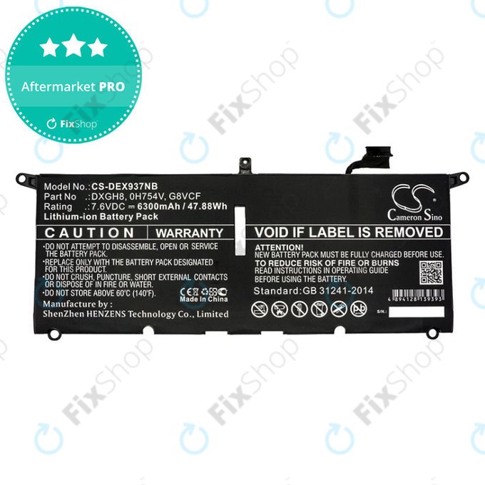 Battery for Dell XPS 13 9370, 6300mAh, Li-Ion, 7.6V, DXGH8, HQ