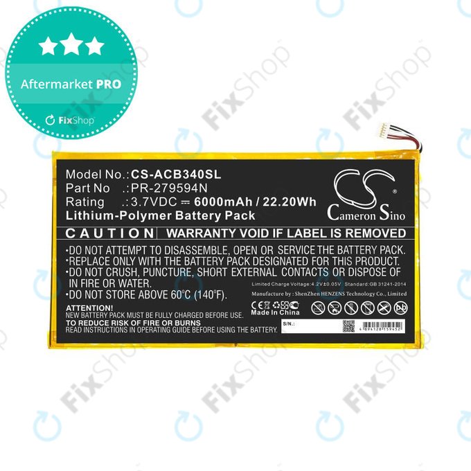 Battery for Acer Iconia One 10 B3-A40, 6000mAh, Li-Pol, 3.7V, PR-279594N, HQ