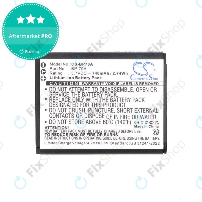 Battery for Samsung ES, ST, 740mAh, Li-Ion, 3.7V, BP-70A, HQ