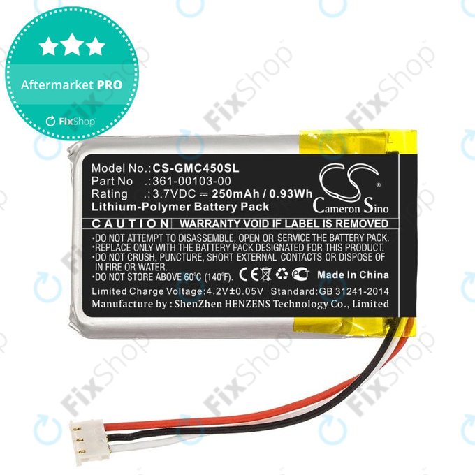 Battery for Garmin DashCam 45, DashCam 46, DashCam 55, DashCam 56, DashCam 66, 250mAh, Li-Pol, 3.7V, 361-00103-00, HQ