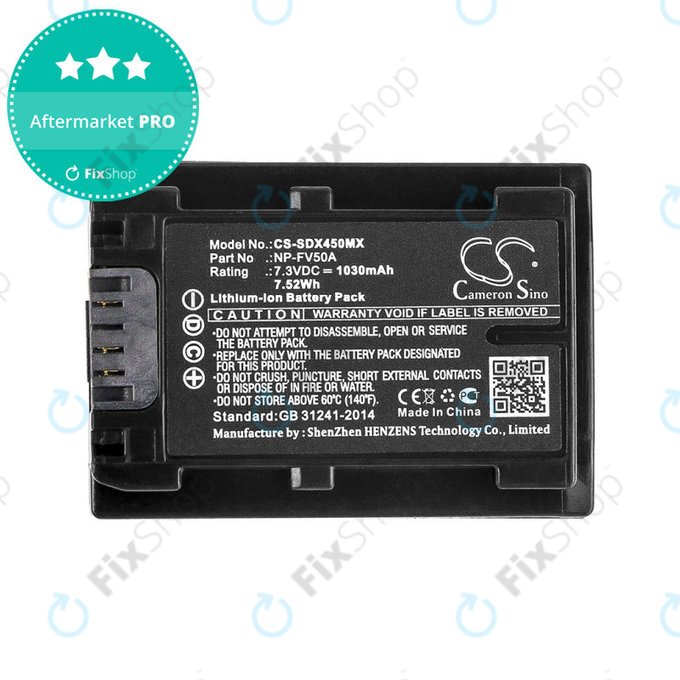 Battery for Sony FDR-AX33, 40, 45, 53, 60, 700, P33, HDR-CX450, 625, 1030mAh, Li-Ion, 7.3V, NP-FV50A, HQ