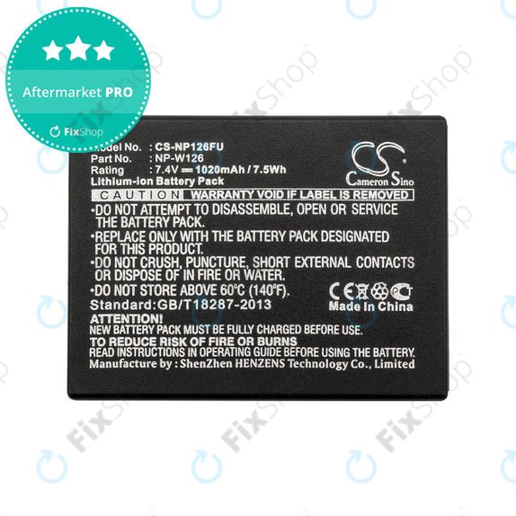 Battery for Fujifilm FinePix, 1020mAh, Li-Ion, 7.4V, NP-W126, NP-W126S, HQ