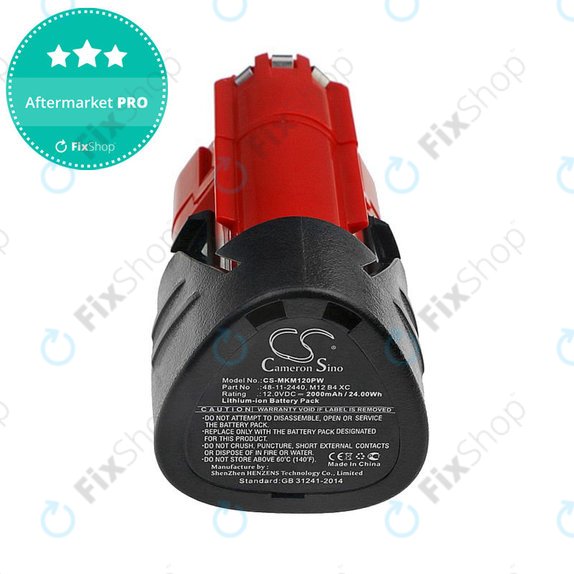 Battery for Milwaukee C12, M12, 2000mAh, Li-Ion, 12V, 48-11-2440, HQ