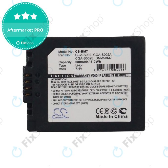 Battery for Panasonic DMC-FZ10, 680mAh, Li-Ion, 7.4V, CGA-S002, HQ