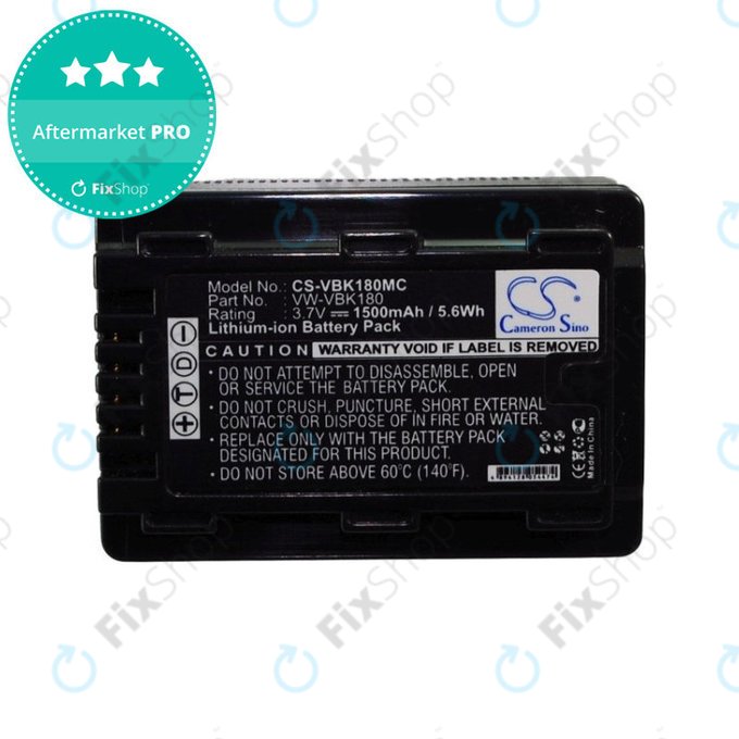 Battery for Panasonic HDC, HC a SDR, 1500mAh, Li-Ion, 3.7V, VW-VBK180, HQ