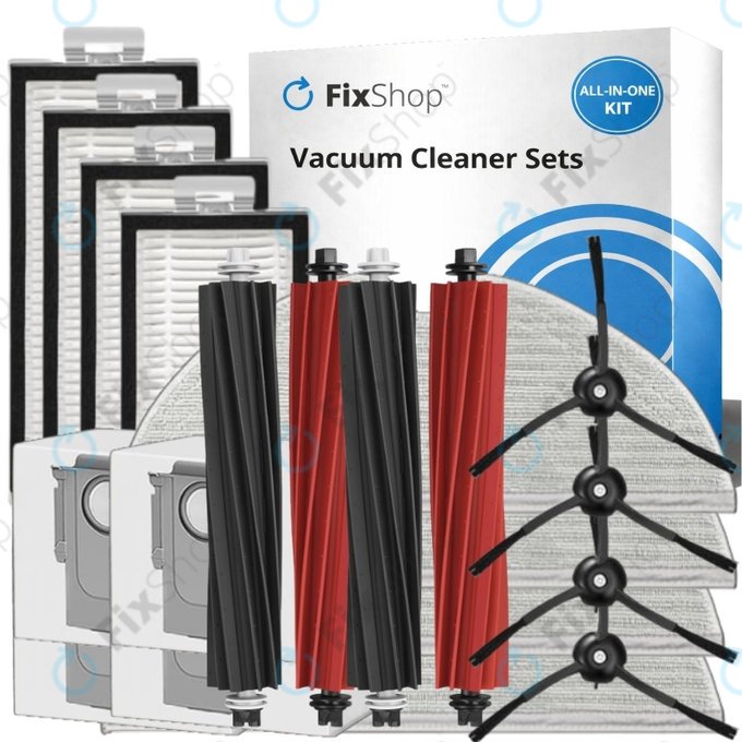 Replacement set for Xiaomi Roborock Q5 Pro, Q8 Max+ (2x Main brush, 4x Filter, 4x Side brush - Black, 4x Mop cloth, 4x Dust bag)
