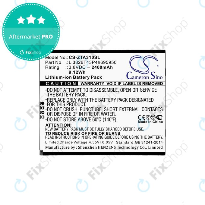Battery for ZTE Blade A3, A5, Optus X Power 2, 2400mAh, Li-Ion, 3.8V, Li3826T43P4h695950, HQ