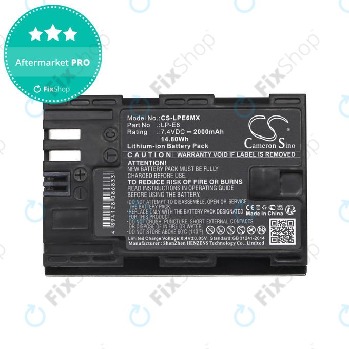 Battery for Canon EOS 5D Mark II, EOS 7D, EOS 70D, 2000mAh, Li-Ion, 7.4V, LP-E6, HQ