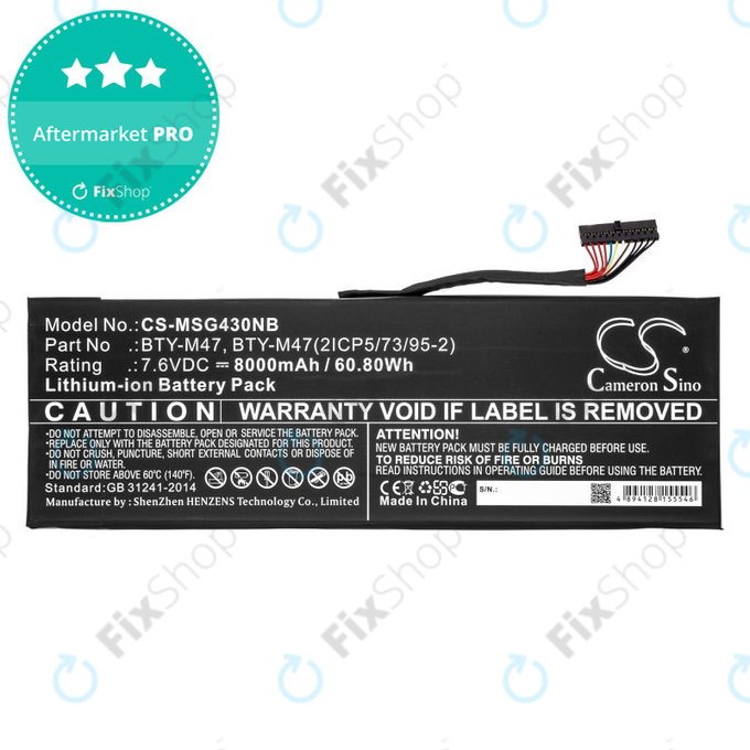 Battery for MSI GS40, GS43, MS14, 8000mAh, Li-Ion, 7.6V, BTY-M47, HQ