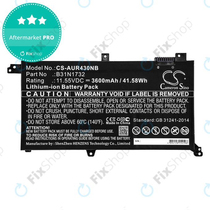 Battery for Asus VivoBook S14, S430FA, 3600mAh, Li-Ion, 11.55V, B31N1732, HQ