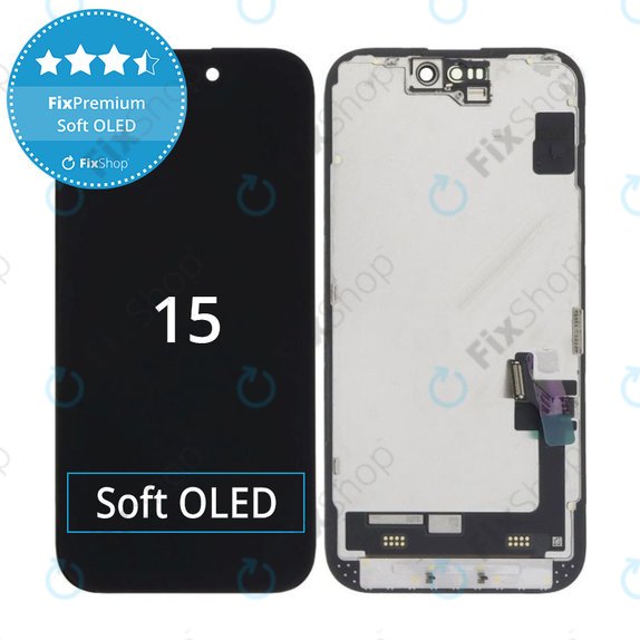 Display Soft OLED for iPhone 15, Touch Screen with Frame, FixPremium